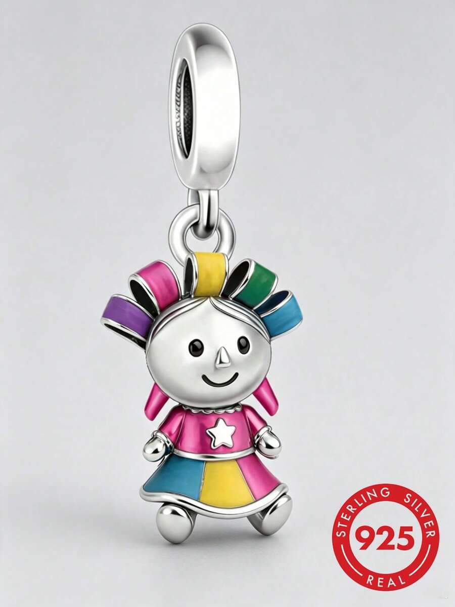 1pc S925 Sterling Silver Colorful Doll Pendant Bead, Resin Childlike Style Little Girl DIY Bracelet Charm - Silver - View 1