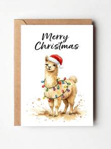 1pc Cute Christmas Card, Printed With Alpaca Wearing Santa Hat And String Of Lights Pattern, Suitable For Holiday Greetings And Festive Blessings To Family, Friends, And Colleagues - Multicolor - View 7
