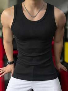 Camiseta sin mangas de fitness y deportes de unicolor negro para hombre - Negro - Ver 3