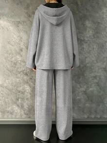 Women's Autumn/Winter Slouchy Mixed Color Hooded Top & Straight Leg Sweatpants Minimalist Casual 2-Piece Set - Grey - View 2
