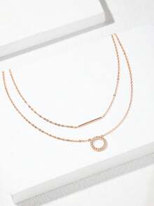 SYMFNY 1pc 925 Sterling Silver Rose Gold Round Open Cubic Zirconia Layered Bar Necklace - Rose Gold - View 3