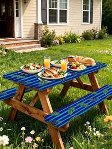 3 PiecesPicnic Tablecloth Set With Bench Cover, Elastic Edge Design, Line And Floral Pattern, Matching Pattern, Washable Rectangular Tablecloth, Suitable For Weddings, Camping, Picnics, Garden Parties And Other Occasions, Practical Essential - D - View 5
