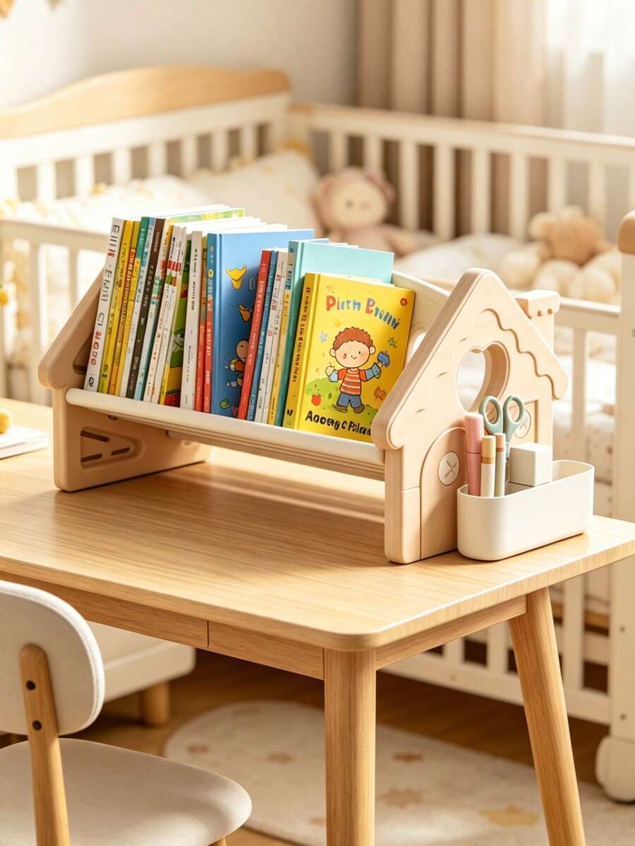 1pc White & Brown House Shape Bookshelf – Book Shelf For Kids Room ...
