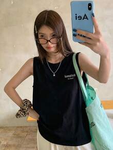 Y2K 酷炫风黑色字母印花无袖背心，宽松显瘦叠穿吊带衫，女士休闲夏季装扮 - 黑色 - 查看 1