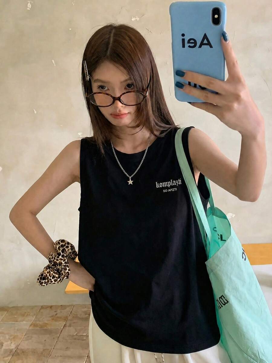 Y2K 酷炫风黑色字母印花无袖背心,宽松显瘦叠穿吊带衫,女士休闲夏季装扮 - 黑色 - 查看 1