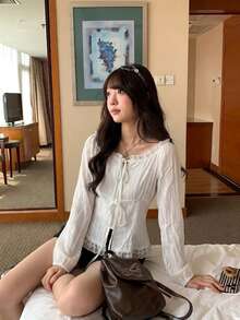 Sweet Style Lace Trim Tie-Front Long Sleeve Blouse, Chic Autumn Top For Women - White - View 3