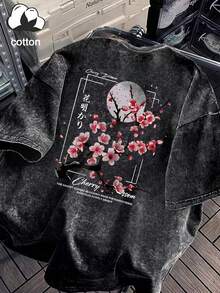 大尺碼女款水洗棉短袖T恤，花卉圖案，雙面印花，復古寬鬆版型，學院風休閒夏季款 - 黑灰色 - 查看 3