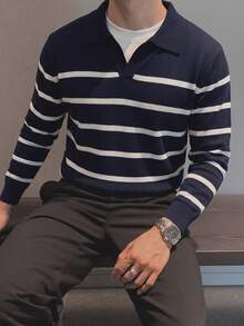 Men's Striped Knit Long Sleeve Polo Shirt, Casual Slim Fit Top Suitable For Business And Daily Wear - Navy Blue - View 3