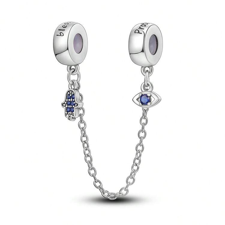 1pc Simple Basic Blue Evil Eye Palm Silicone Safety Chain Beads, Suitable For Bracelet DIY Jewelry Making Basic Accessories - Silver - View 1