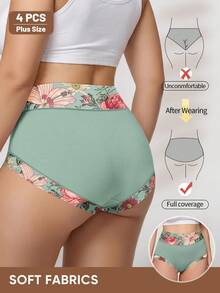 4 Packs Plus Size High Waist Briefs For Women, Soft & Comfortable Everyday Panties With Floral Print Design - Multicolor - View 3
