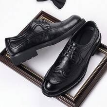 Men's Formal Brogue Lace-Up Thick Sole Derby Shoes, British Style Business Casual Versatile Commuter Shoes - Black - View 4