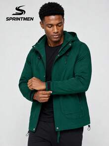 1pc Phantom Green Drawstring Hooded Men's Jacket, Utility Men's Outerwear With Side Zipper Pockets And Inner Pocket, Long Sleeve Jacket, Sporty Style, Machine Washable, Suitable For Daily Commute, Outdoor Travel, Sports And Hiking - Green - View 4