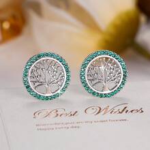 1 Pair Round Tree Of Life Hollow Stud Earrings With Rose Red Rhinestone Circle Surround, Exquisite Niche Elegant Gift Decorative Earrings For Women - Earrings - View 7