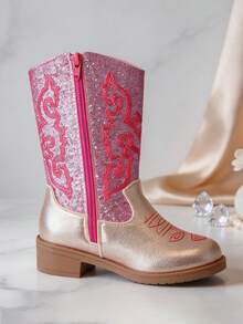 1 Pair Pink Fashion Classic Pointed Toe Western Boots, Soft PU Glossy Exquisite Embroidered Pattern Girls Cowboy Boots, Inner Zipper Low Chunky Heel Design, Suitable For Mid-To-Large Girls Daily School, Outings, Versatile, Autumn/Winter New - Hot Pink - View 2