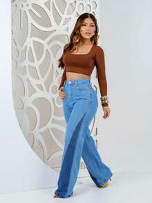 Calça Wide leg   Fofo  Sensual  elegante  Casual    Jeans    Botão  Bolso  Zíper    JEANS   Praia  Férias - Lavagem escura - Visão 5