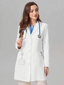 White Fashionable Lapel Large Pocket Lab Coat, Autumn - White - View 6