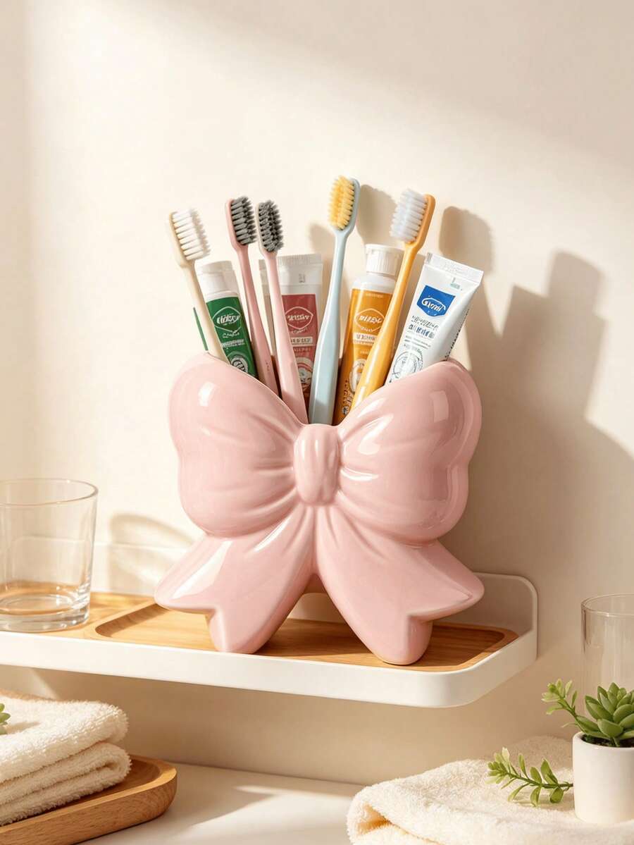 1pc Bow Design Toothbrush & Toothpaste Holder, Bathroom Sink Countertop Storage Rack, For Home Daily Use