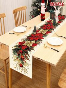 1件裝聖誕桌旗，波印花、冬青、紅漿果與松枝圖案，聚酯纖維 180*35cm 聖誕桌布，桌布，聖誕快樂裝飾，聖誕裝飾，聖誕餐桌裝飾，廚房餐桌裝飾，節日派對裝飾，冬季居家裝飾，室內外通用 - 彩色 - 查看 10