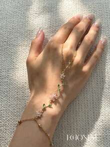 EchoNest 1pc Gold Stainless Steel Floral & Green Leaf Finger Bracelet With Zirconia, Holiday Party Finger Chain Decorative Accessory - Gold - View 2