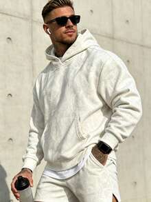 Men's Printed Drop Shoulder Long Sleeve Drawstring Pocket Casual Hoodie, Autumn/Winter, Back To School Season - White - View 3