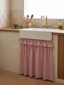1pc Red And White Thin Striped Sink Skirt, Rustic Country Style Fabric Material, Rectangular Top With Ruffle Edge And Gathered Hem Detail, Covers Sink Underside Space And Decorative Beautification Function, Kitchen Sink Cover Curtain Suitable For Farmhouse Kitchen And Home Decor Scenes - Red - View 4