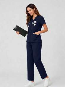 V-Neck Multi-Pocket Waist Tie Short Sleeve Top And Pants Scrub Set Fall - Navy Blue - View 5