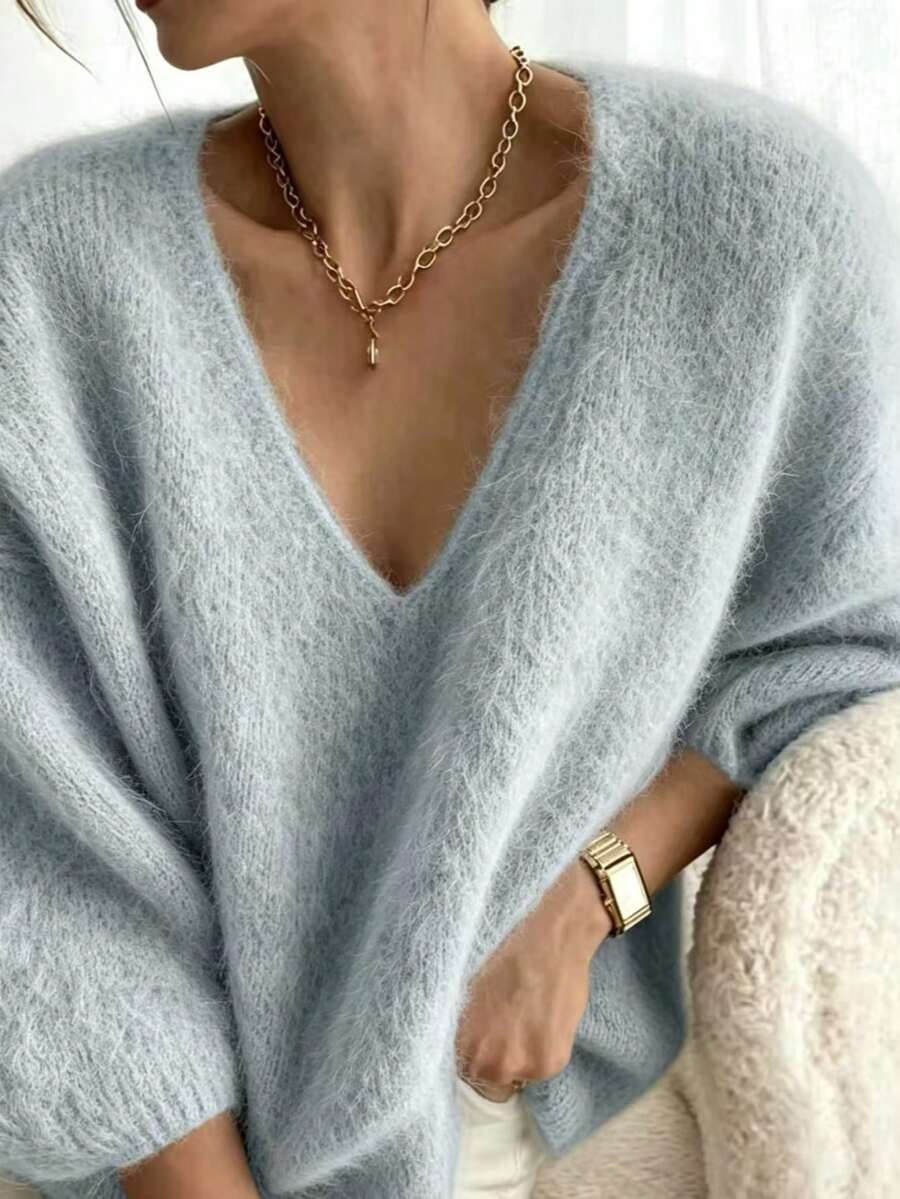 V-Neck Solid Color Fine Velvet Knit Sweater, Autumn/Winter Fall - Grey - View 1