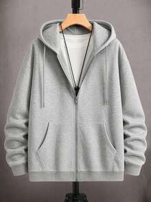 Men's Spring Autumn Winter Solid Color Pocket Loose Drop Shoulder Zip-Up Hooded Sweatshirt - Grey - View 5