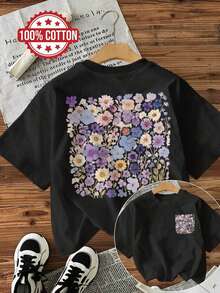 Camiseta de manga corta con cuello redondo y estampado floral de estilo vintage con impresión a doble cara. - Negro - Ver 1