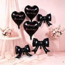 Black Heart & Bow Foil Balloons Set With Pink Ribbons, Happy Birthday Print For Birthday Party Decor - View 5
