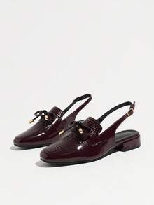 Women's Fashion Round Toe Bow Slingback Flat Shoes, Low Chunky Heel Comfortable Burgundy Backless Pumps For Commute, Party, Holiday, Vacation - Burgundy - View 7