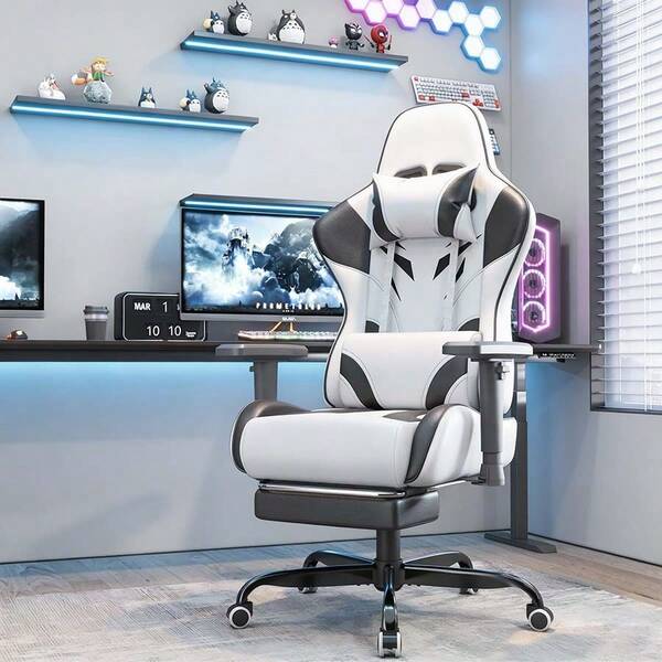 Devoko Cadeira de massagem Gunji para videogame para adultos com apoio para os pés, cadeira de mesa de computador em couro sintético, encosto ajustável, suporte alto para costas, cadeira de escritório com apoio de cabeça e lombar