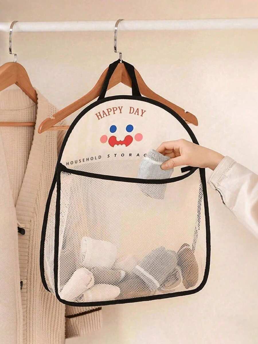 Cute Cartoon Smile Hanging Mesh Storage Bag, Household Wall Closet Hanging Organizer, Breathable Net Pouch For Socks Underwear Small Sundries Home Storage - Multicolor - View 1