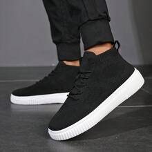 Men High-Top Athletic Shoes, Breathable Knitted Upper, Street Style, Suitable For All Seasons - Black - View 14