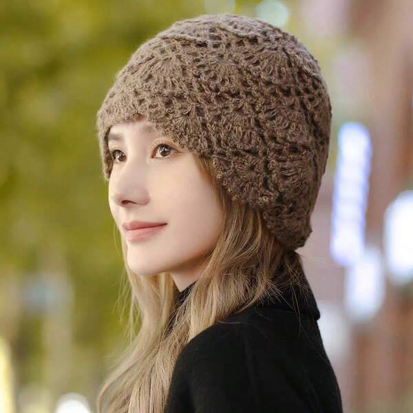 1pc Autumn/Winter New Handmade Crochet Hollow Ginkgo Leaf Double Layer Beanie, Bohemian Style