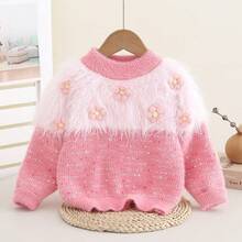Girls Children's Soft Thick Knit Sweater, Regular Round Neck Casual Everyday Pullover, Autumn Winter Cold Weather, 4Y-7Y - Pink - View 8