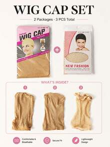 3pcs/Pack Wig Cap Set, Breathable Mesh Wig Net, Wig Hair Net, Stretch Nylon Stocking Wig Cap, Elastic Edge Hair Net Liner, Beige- Black, Halloween - View 1