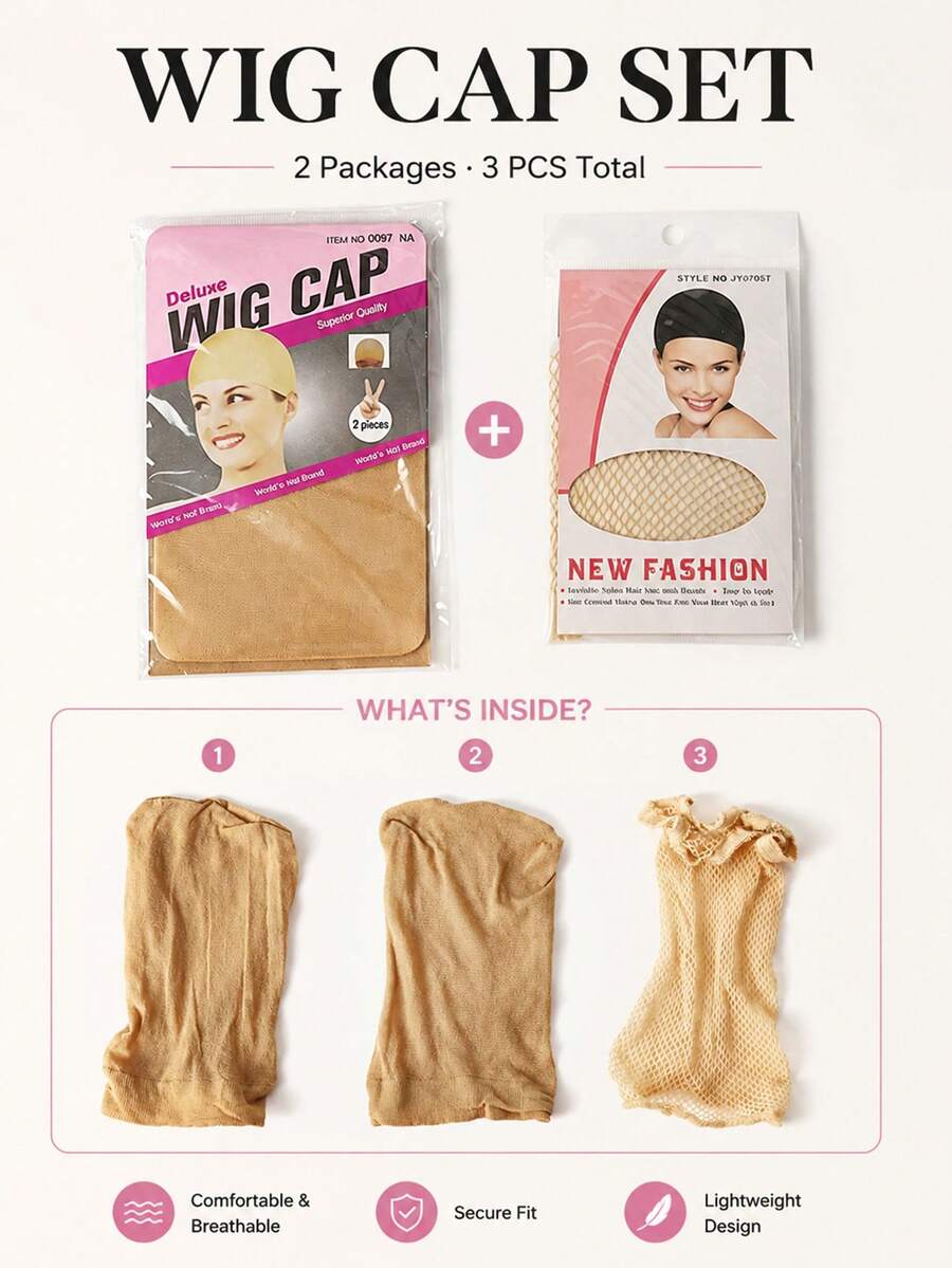 3pcs/Pack Wig Cap Set, Breathable Mesh Wig Net, Wig Hair Net, Stretch Nylon Stocking Wig Cap, Elastic Edge Hair Net Liner, Beige- Black, Halloween - View 1