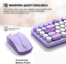 MOFII Ergonomic 2.4G Wireless Keyboard And Mouse Set, 68-Key Retro Round Keycap Typewriter Keyboard With Silent Mouse, Multimedia Function, Cute Keyboard And Mouse Set, Suitable For PC/Laptop/Desktop - Grey - Purple - View 3