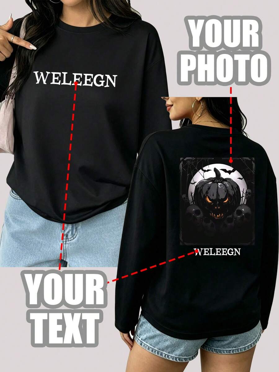 Personalized Custom Black Long Sleeve Top, Add Your Own Text, Number, Lucky Number, Slogan, Choose Color And Font, Design Your Exclusive Personalized Printed Short Sleeve T-Shirt, Valentine's Day, Christmas, Halloween And Other Anniversary Gifts - Black - View 1