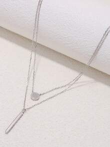 1pc 925 Sterling Silver Double-Layer Necklace, Shiny Round Pendant, Elegant Wedding Jewelry Gift For Women - Silver - View 4