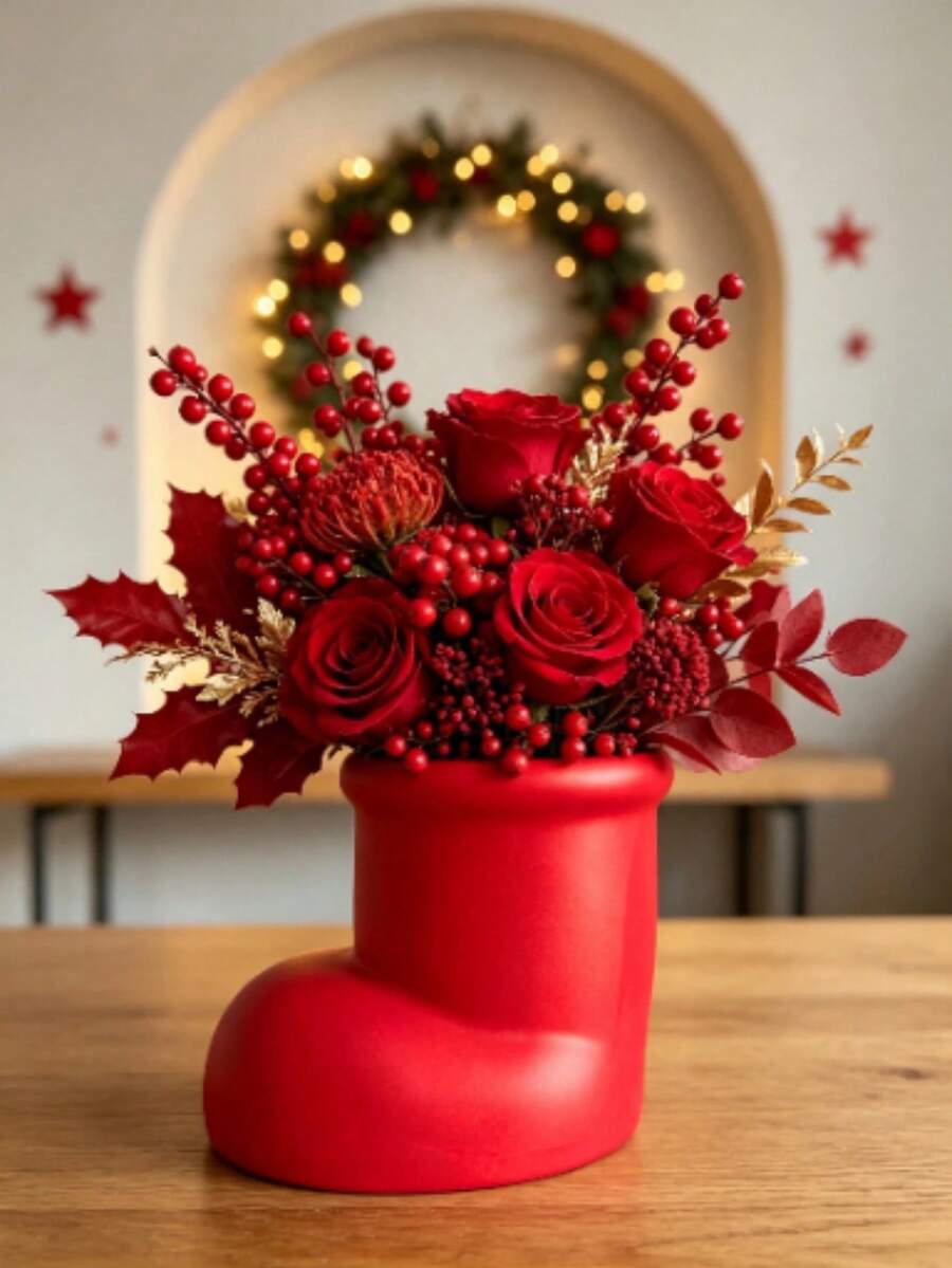 1PCXmas Boot‑Style Decor Vase, Holiday Party Table Ornament, Festive Gathering Desktop Display Piece, Christmas Theme Home Party Decoration, Creative Seasonal Decor Accessory - A - View 1