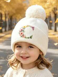 1pc Baby Beanies Boy Girls White Pom-Pom Cap With A-Z Letter Colorful Floral Hat For Boys And Girls Ages 0-8Y, For Hat Accessories Winter Warm Hat - Multicolor - View 4
