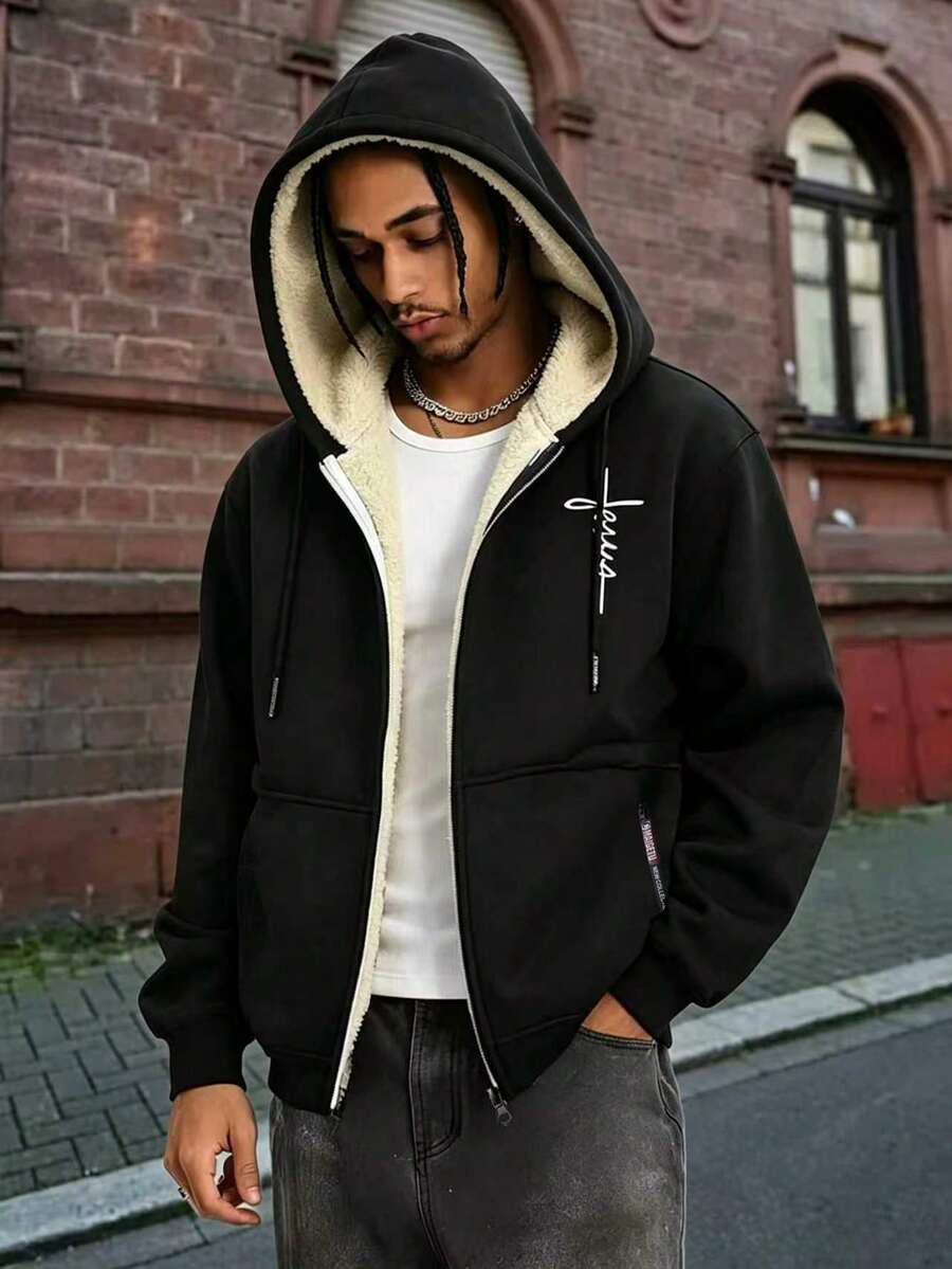 Men's Autumn/Winter Outdoor Thermal Lined Hooded Sweatshirt Casual Fashion Minimalist Jacket - Black - View 1