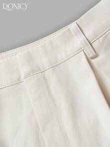 DONICY Women's Beige High Waisted Pleated Wide Leg Shorts, Casual & Office Wear - Apricot - View 4