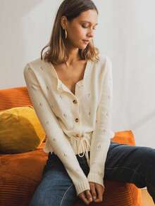 Damen elegante einfarbige Strickjacke mit lockerem Rundhalsausschnitt, lässig, mit Kordelzug, Vintage-minimalistischer Jacke für den Herbst - cremefarben - Übersicht 3