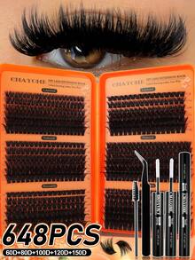 CMAYOME 720/648 DIY Complete Set Of Cluster Adhesive False Eyelashes - Includes Soft False Eyelash Clusters In 8 To 16mm Different Lengths, Soft And Fluffy Touch. This Set Includes Cluster False Eyelashes, Waterproof Glue, Tweezers And Brush. - Multicolor - View 2
