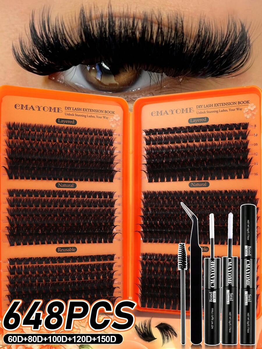 CMAYOME 720/648 DIY Complete Set Of Cluster Adhesive False Eyelashes - Includes Soft False Eyelash Clusters In 8 To 16mm Different Lengths, Soft And Fluffy Touch. This Set Includes Cluster False Eyelashes, Waterproof Glue, Tweezers And Brush.