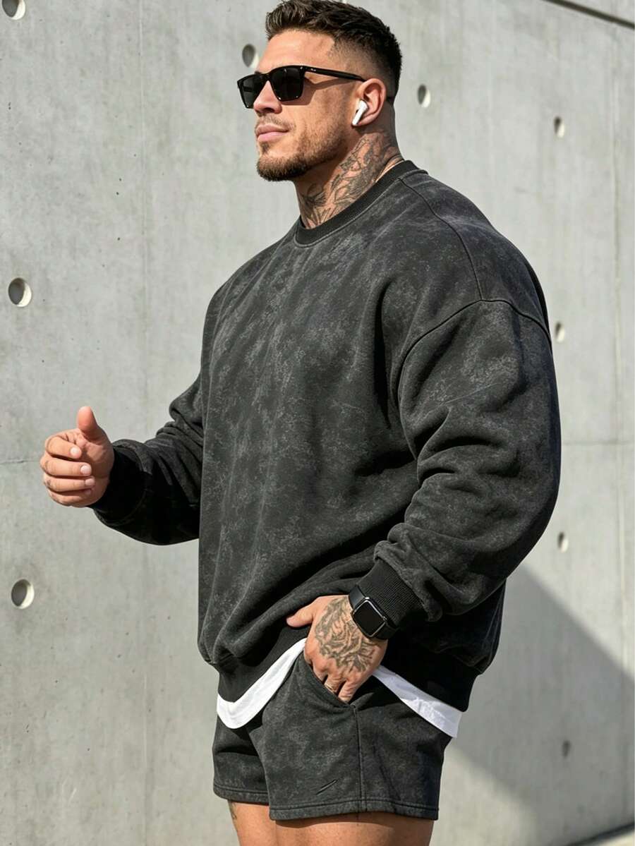 Men's Solid Color Drop Shoulder Long Sleeve Drawstring Pocket Casual Sweatshirt, Autumn/Winter, Back To School Season - Black - View 1