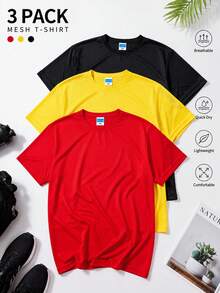 3 buah Kaos Olahraga Pria Musim Panas Cepat Kering - Lengan Pendek Kerah Bulat Aneka Warna, Atasan Serbaguna yang Bernapas, Cocok untuk Kebugaran dan Lari - MultiWarna - View 7